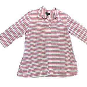 Investments Women’s Size 18 Pink and White Striped 100% Linen Button-Up Shirt